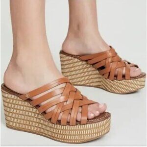 Sam Edelman Sandals Devon 6.5 Tan Leather Woven Platform Wedge Slides